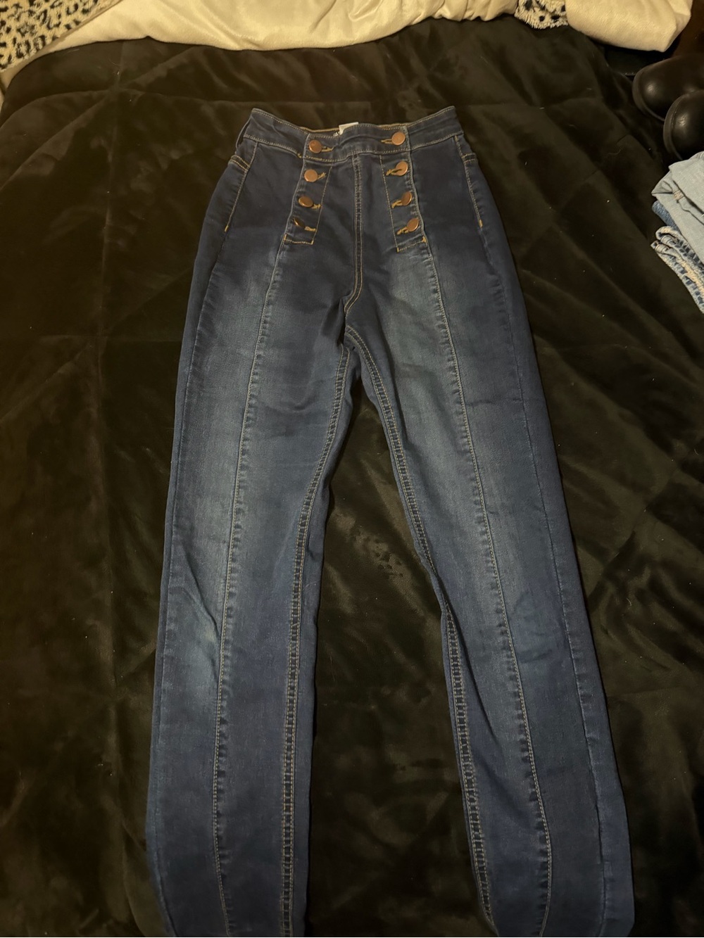 Fashion Nova Dark Blue High-Waist Skinny Jeans with Button Detail